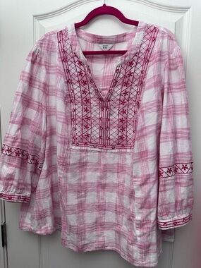 crown & ivy Pink Plaid Embroidered Tunic Top